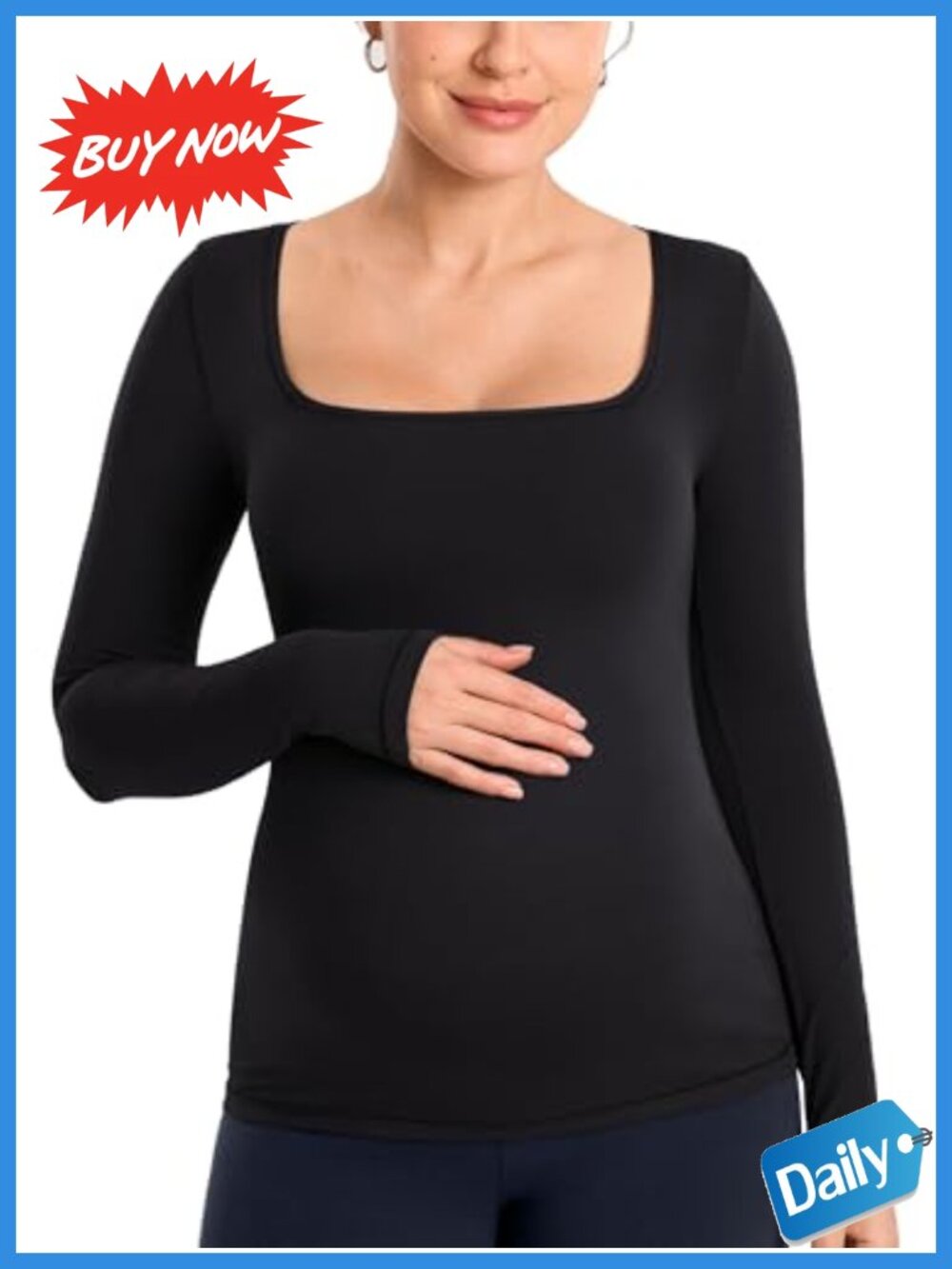 Maternity Square Neck Long Sleeve T-Shirt Slim Fit Stretch Layering